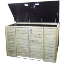 Houten containerombouw voor drie afvalbakken met geopend deksel en een slot met sleutel.