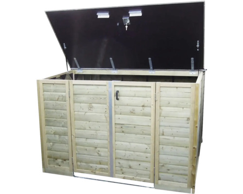 Houten containerombouw voor drie afvalbakken met geopend deksel en een slot met sleutel.