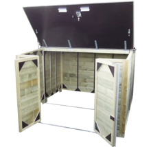 Houten containerombouw met geopende deuren en geopend deksel plus slot met sleutel.