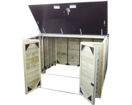 Houten containerombouw met geopende deuren en geopend deksel plus slot met sleutel.