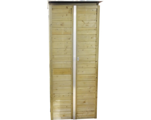 Hoge houten tuinkast met twee deuren van horizontale lamellen en een verticale metalen strip.
