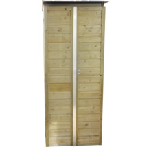Tuinkast van hout met dubbele deuren en een verticale metalen strip.