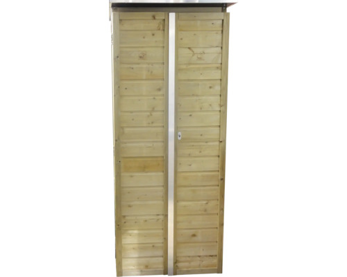 Tuinkast van hout met dubbele deuren en een verticale metalen strip.