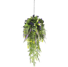 Kunsthangplant met groen blad, paarse bloemen en een zwarte ophangketting.