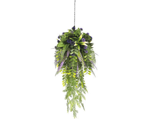Kunsthangplant met groen blad, paarse bloemen en een zwarte ophangketting.