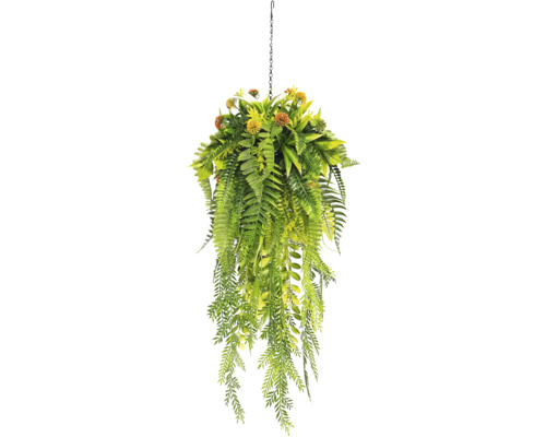 Kunsthangplant met groene varenbladeren en oranje bloemen aan een metalen ketting met haak.