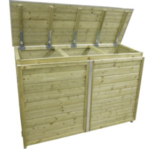 Containerberging van licht hout met klapdeksel en twee deuren voor twee afvalcontainers.
