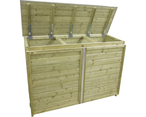 Containerberging van licht hout met klapdeksel en twee deuren voor twee afvalcontainers.