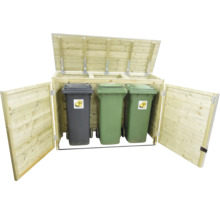 Houten kliko ombouw voor drie afvalbakken met geopend deksel en openslaande deuren.