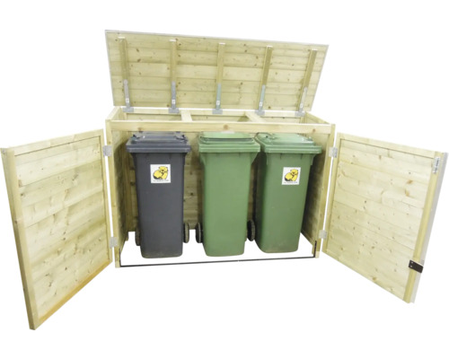 Houten kliko ombouw voor drie afvalbakken met geopend deksel en openslaande deuren.