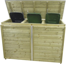 Houten kliko ombouw voor drie afvalcontainers met geopend deksel.