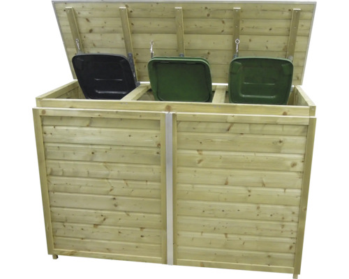 Houten kliko ombouw voor drie afvalcontainers met geopend deksel.
