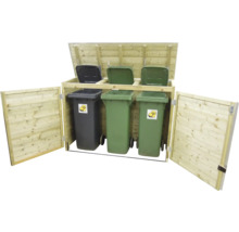 Houten kliko ombouw voor drie afvalcontainers met geopende klep en deuren.