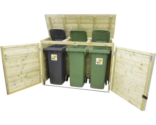 Houten kliko ombouw voor drie afvalcontainers met geopende klep en deuren.