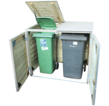 Houten afvalcontainerbox voor twee containers met twee geopende deuren en een geopend deksel.