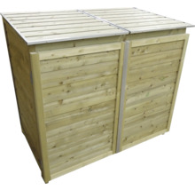 Houten afvalcontainerombouw voor twee containers met klapdeksels en deuren aan de voorzijde.