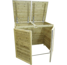 Houten kliko-ombouw voor twee afvalcontainers met geopende deksels en deuren.