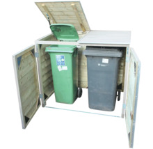 Houten kliko ombouw voor twee afvalcontainers met open voordeuren en een geopend deksel.