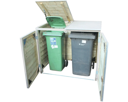 Houten kliko ombouw voor twee afvalcontainers met open voordeuren en een geopend deksel.