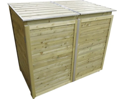 Houten ombouw voor twee vuilnisbakken met voordeuren en klepdeksels.