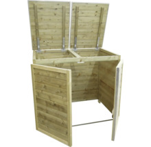 Houten containerombouw voor twee afvalcontainers met twee geopende deksels en voordeuren.