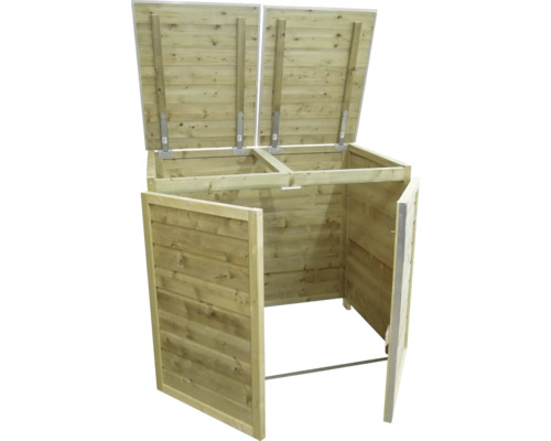 Houten containerombouw voor twee afvalcontainers met twee geopende deksels en voordeuren.