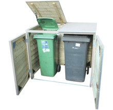 Houten vuilnisbak ombouw voor twee containers met geopende deuren en een geopend deksel.