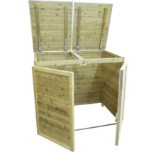 Houten containerombouw voor twee afvalcontainers met geopende deksels en een openstaande deur.