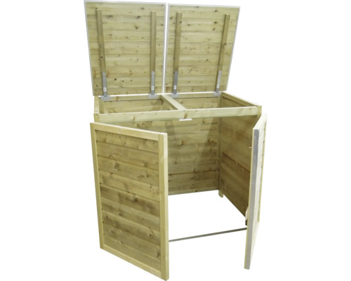Houten containerombouw voor twee afvalcontainers met geopende deksels en een openstaande deur.
