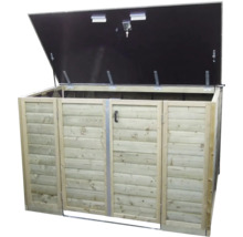 Houten kliko ombouw voor drie containers met geopend deksel en een deur aan de voorzijde.