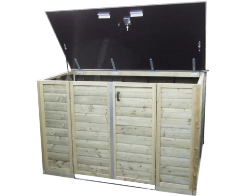 Houten kliko ombouw voor drie containers met geopend deksel en een deur aan de voorzijde.