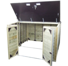 Afvalcontainerbox van licht hout met openstaand deksel en twee geopende deuren aan de voorzijde.