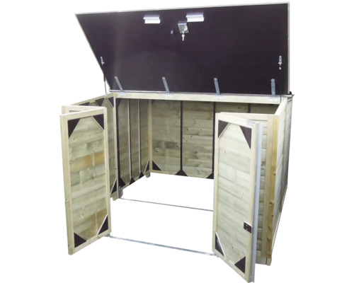 Afvalcontainerbox van licht hout met openstaand deksel en twee geopende deuren aan de voorzijde.