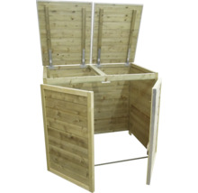 Houten containerberging voor twee afvalcontainers met geopende deksels en deuren.