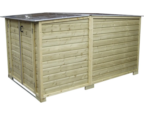 Houten afvalcontainerbox met plat metalen dak en horizontale latten voor buiten.