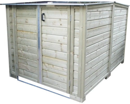 Afvalcontainerberging van hout met metalen dak en zwarte handgreep.