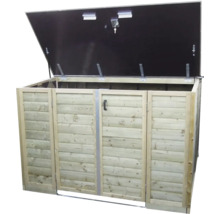 Houten tuinopbergbox met geopend zwart deksel en slot met sleutel.