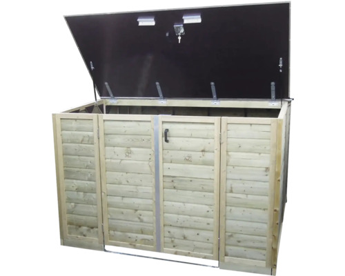 Houten tuinopbergbox met geopend zwart deksel en slot met sleutel.