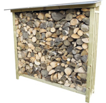 Houten haardhoutberging met schuin dak, gevuld met gekloofde houtblokken.