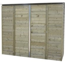 Houten containerombouw voor vier containers met horizontale lamellen en vier deuren.