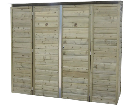 Houten containerombouw voor vier containers met horizontale lamellen en vier deuren.