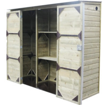 Houten gereedschapskast met dubbele deuren en geïntegreerde legplanken.