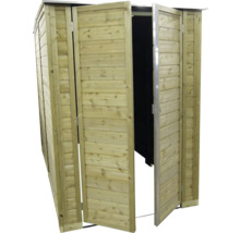 Houten tuinkast met geopende dubbele deuren voor tuinopslag.