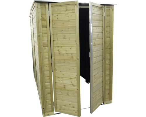 Houten tuinkast met geopende dubbele deuren voor tuinopslag.