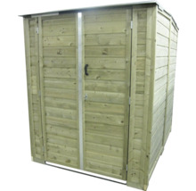 Compacte houten tuinkast met dubbele deur en plat dak.