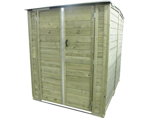 Compacte houten tuinkast met dubbele deur en plat dak.