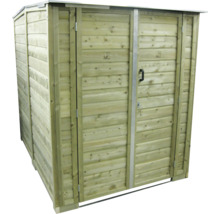 Houten tuinbox met dubbele deuren, horizontale latten en metalen handgreep.