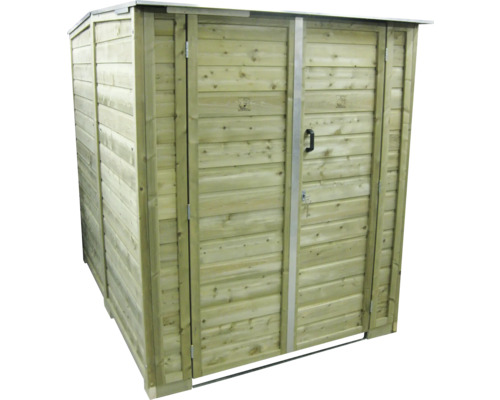 Houten tuinbox met dubbele deuren, horizontale latten en metalen handgreep.