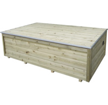 Houten kussenbox met plat deksel en metalen rand.