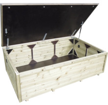 Grote houten tuinopbergbox met geopend deksel en gasveren.